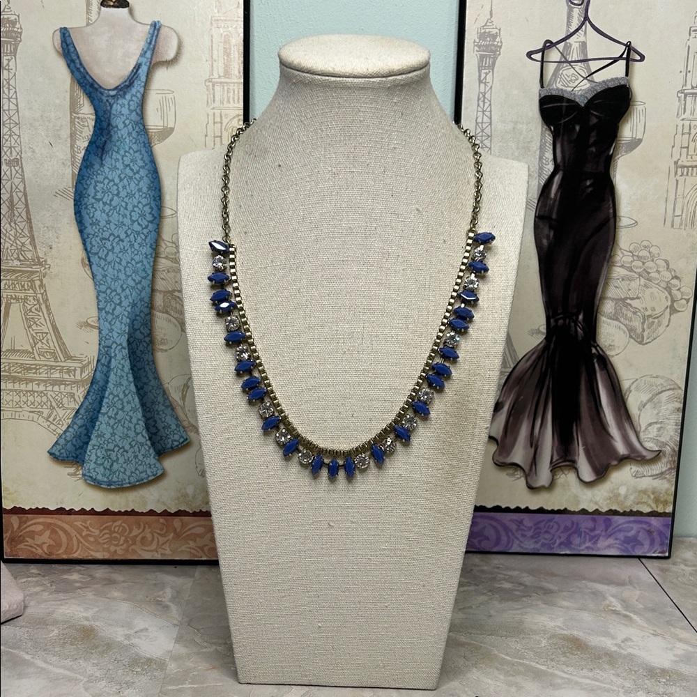 NWT J. Crew Blue Cabochon White/Clear Rhinestone Necklace 22”